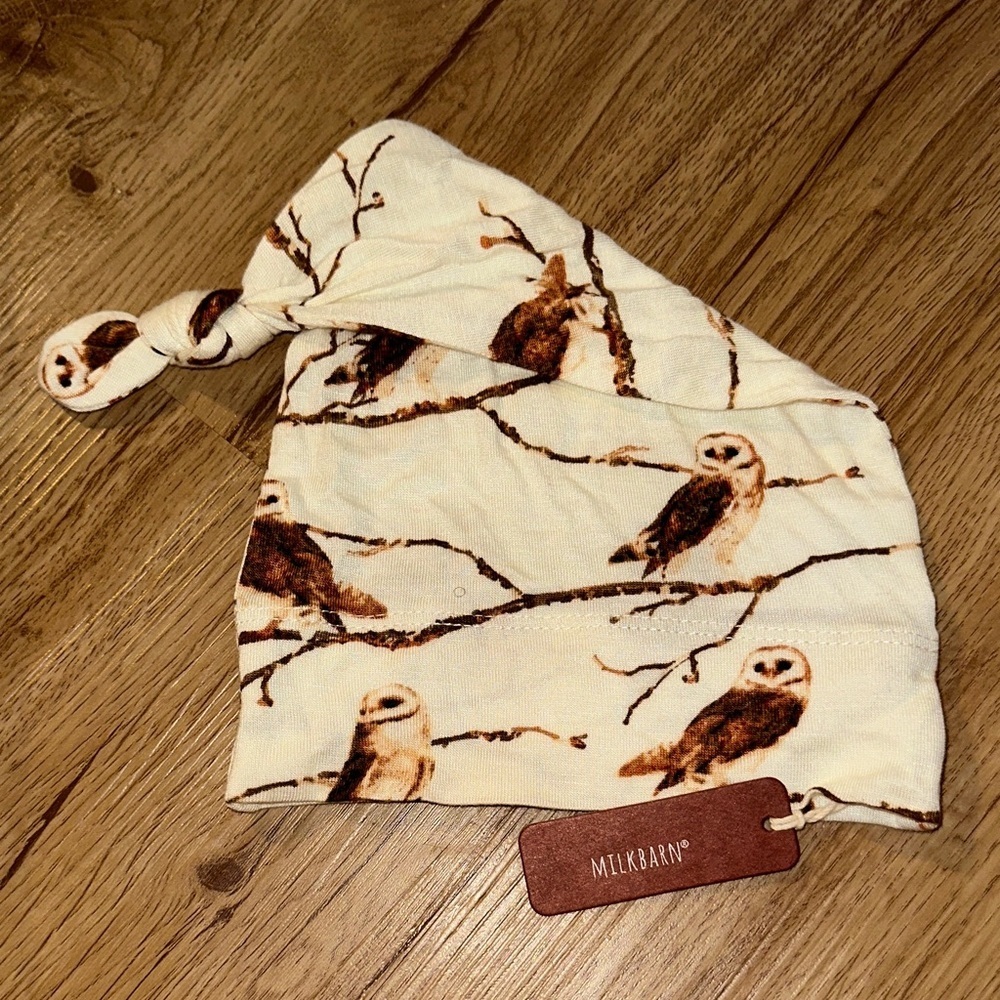 NEW Milkbarn Cream Beanie with Brown Owl Print